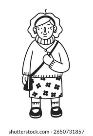 Old lady. Vector line hand-drawn illustration. Cartoon happy grandmother. Stylish senior woman doodle