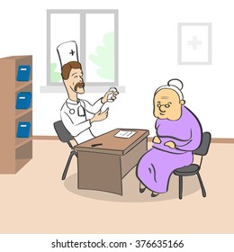 Old Lady Visiting Doctor Sitting in Medical Office Senior Woman Vector Illustration