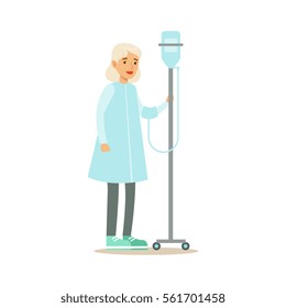 Old Lady Walking In Corridor With Dropper, Hospital And Healthcare Illustration