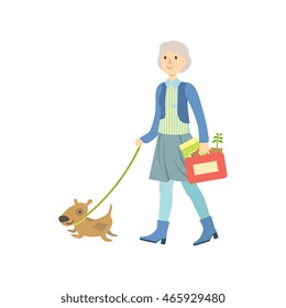 Old Lady Walking A Dog