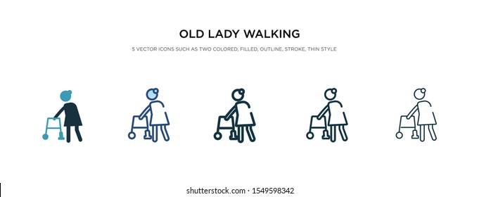 old lady walking icon in different style vector illustration. two colored and black old lady walking vector icons designed in filled, outline, line and stroke style can be used for web, mobile, ui