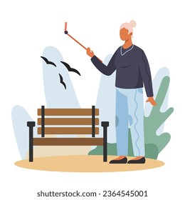 Old lady walking in park, takes selfie. Modern and active lifestyle for old people concept. Happy old age. Flat vector illustration in cartoon style in blue colors