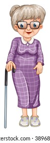 Old lady with walking stick illustration