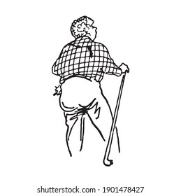 Old lady walking trough the nature with the stick for better balance, hand drawn illustration. Woman fast sketch from the back. Female on the excursion pen drawing silhouette image. Cute grandma.