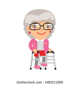 Old lady is walking with a walker. Flat female character.