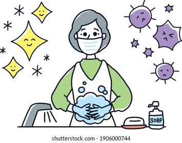 Old lady washing and sterilizing hands.