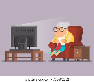 Old Lady Watching TV Sit Armchair Cartoon Character Flat Design Vector Illustration