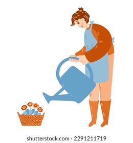 Old lady watering flowers. Senior female character holding watering can. Gardening hobby. Vector Illustration