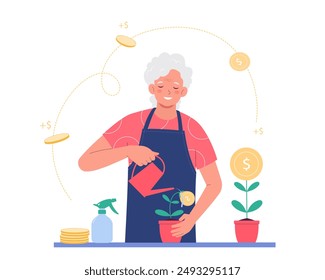 Old lady watering money tree. Elderly woman  grow capital, retirement savings, additional income  or earning for retiree