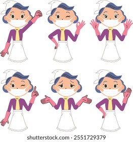 An old lady wearing a mask and cleaning clothes in various poses