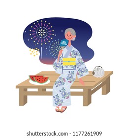 Old Lady wearing yukata enjoying Fireworks on the veranda.