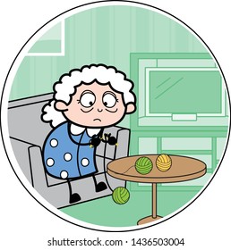 Old Lady Weaving Wool - Old Woman Cartoon Granny Vector Illustration