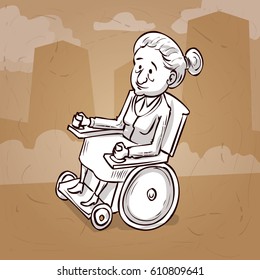 Old lady in a wheelchair. Hand drawn cartoon vector illustration/