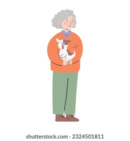 Old lady or woman holding her dog in her arms. Beautiful female cartoon character. Pet love and care. Colorful vector illustration in flat style.