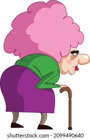 Old Lady Woman With A Walking Stick Cane And A Pink Hair