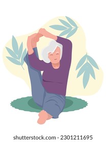 old lady in a yoga pose on a mat at home. Yoga practice. Vector illustration of a woman.cartoon . Old lady and happy woman stretching her leg in twine upwards