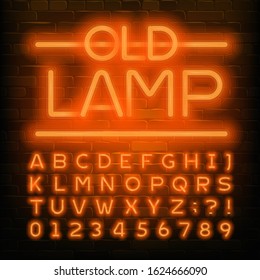 Old Lamp alphabet font. Orange neon retro letters and numbers. Brick wall background. Stock vector typescript for your typography design.