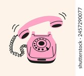 Old landline disk caller pink telephone with handset and wire in retro, vintage style, flat illustration, y2k. Flat style. Vector illustration.