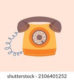 Old landline phone concept. Colorful sticker with yellow desk phone with round dial and wire. Equipment for remote communication. Design element for social networks. Cartoon flat vector illustration