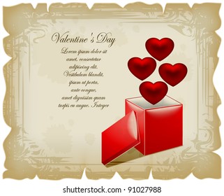 Old landscape sheet with open box and red hearts