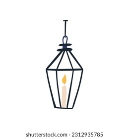 Old lantern with candle hanging on ceiling or wall, cartoon flat vector illustration isolated on white background. Cute hand drawn lamp. Home decoration.