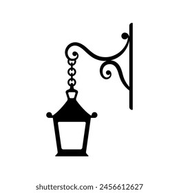 Old lantern hanging on a chain icon. Black silhouette. Front side view. Vector simple flat graphic illustration. Isolated object on a white background. Isolate.