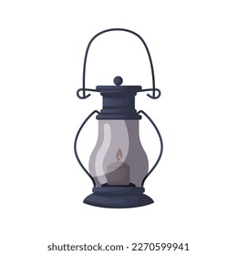 Old lantern with holder, burning candle. Antique lamp.Travelers lighting. Bookstore, bookshop, ebook, library, book lover, bibliophile, education. Vector illustration for card, poster, banner, website