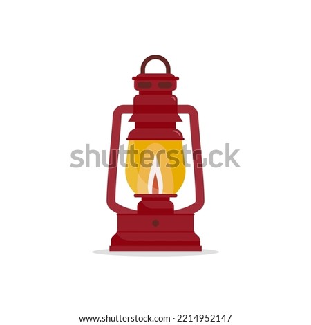 Old lantern isolated. Burgundy retro oil lamp with the flame on. Vector illustration, flat design