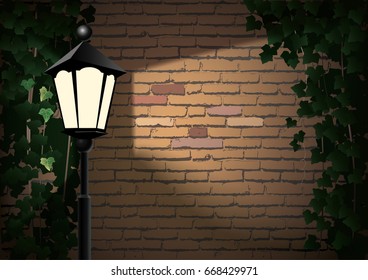 Old lantern on a wall with ivy.
Vector background. An ancient lantern illuminates a brick wall with ivy vines. Vector rendering, 3D, EPS-10.