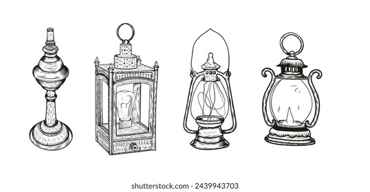 Old lanterns Engraving style Vector Set	