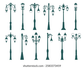 Old lanterns silhouettes. Vintage decorative street lamps. Retro lights. Town streetlights. Outdoor classic illumination. Electric lampposts. Urban landscape elements