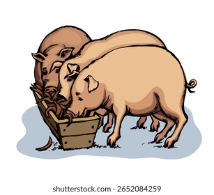 Velho grande macho podbelly sujeira focinho nariz ficar em casa chiqueiro celeiro açougueiro ideia definir lama de quintal branco. Contorno preto escuro linha mão desenhada arte retro cultivar pequena barriga gorda fêmea bebê porco muzzl
