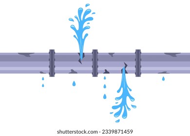 old leaking pipe. flooding in the apartment. flat vector illustration.