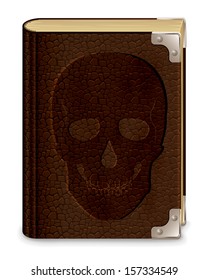 Old leather book with skull, isolated on white background, illustration.