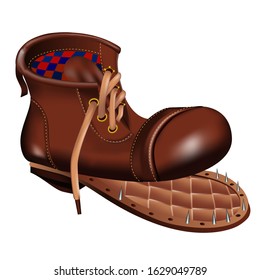 An old leather boot with the sole torn off and the nails sticking out. Realistic vector illustration