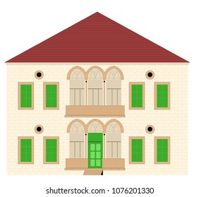 Old Lebanese Traditional House with Red Roof Tiles - Vector Illustration Isolated