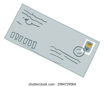 Carta antigua con escritos, sobre aislado con información para el destinatario. Correspondencia y correo a través de correo, sello en papel e información. Entrega y envío internacional. Vector de estilo plano