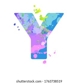 old letter Y with effect of liquid spots of paint in blue, green, pink colors, isolated on white background. Decoration element for design of a flyer, poster, calendar, cover, title. Vector EPS10