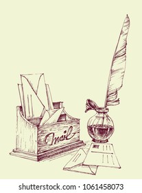 Old letters, ink pot and quill pen vintage design. Retro mail writing, study, literature concept
