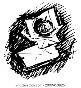 Cartas antiguas y sobres de papel y una manzana. Dibujo a mano en boceto. Silueta blanca y negra. Arte creativo.