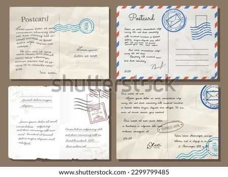 Old letters set. Collection of envelopes with text and postage stamps. International communication and business correspondence. Realistic 3D vector illustrations isolated on brown background