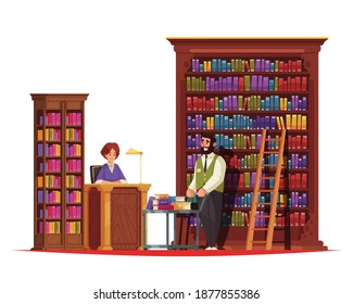 Old library book composition with tall wooden cabinet racks and doodle characters of librarian with employee vector illustration
