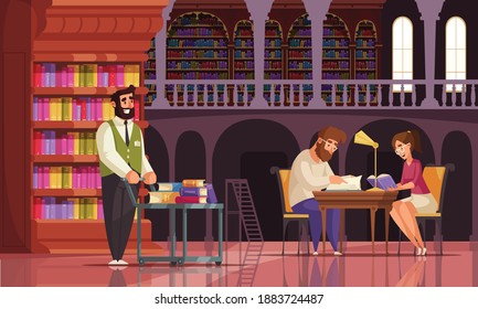 Old library book composition with view of gallery with bookcases vintage characters of librarian and readers vector illustration