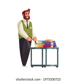 Old library interior composition with male character of librarian with wheel cart vector illustration