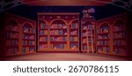 Old library interior. Library dark night room inside medieval castle, bookcase books on shelf bookshelf of magic school university abandoned bookshop cartoon vector illustration original artwork
