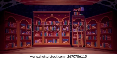 Old library interior. Library dark night room inside medieval castle, bookcase books on shelf bookshelf of magic school university abandoned bookshop cartoon vector illustration original artwork