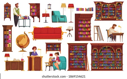 Old library interior icons set with pieces of furniture librarian visitor cartoon isolated vector illustration