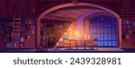 Old library interior at night. Vector cartoon illustration of dark room with vintage bookcases, many books on shelves, desk and floor, lamp light illumination, wooden ladder, starry sky view in window