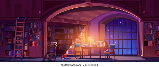 Old library interior at night. Vector cartoon illustration of dark room with vintage bookcases, many books on shelves, desk and floor, lamp light illumination, wooden ladder, starry sky view in window