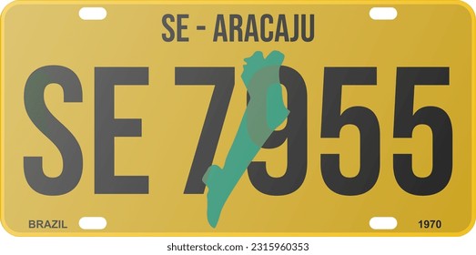 Old license plate Aracaju - SE - Brazil 1970 yellow. State map in the background in green color. Fountain Bebas Neue